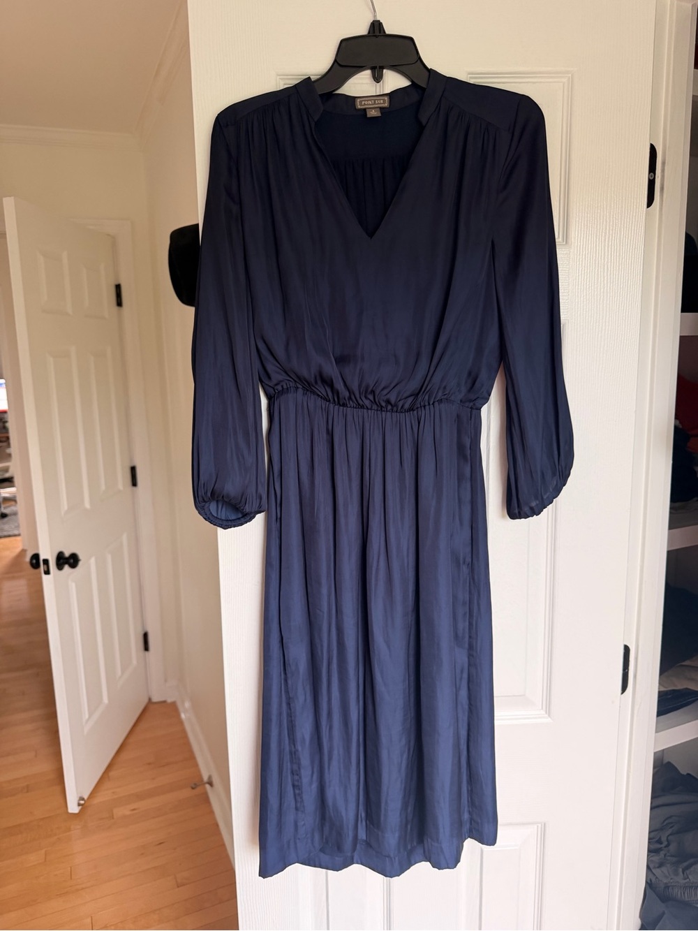 J. Crew Point Sur Navy Long Sleeve V‑Neck Midi Dress